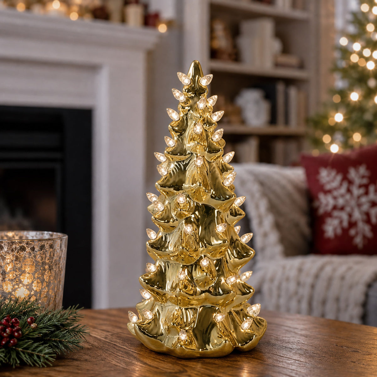 13" Gold Ceramic Christmas Tree with Lights