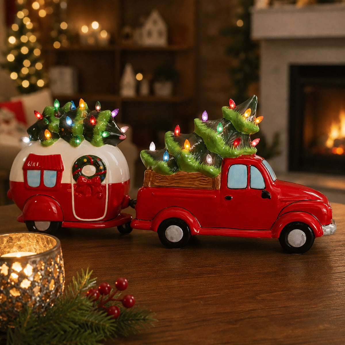 Lighted Ceramic Christmas Red Truck