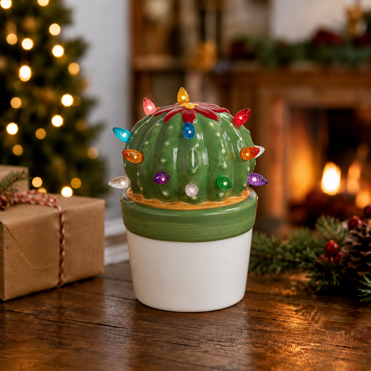 Lighted Ceramic Christmas Cactus Ball